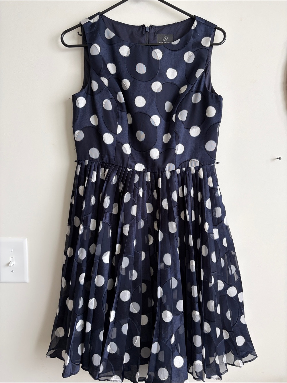 Navy Polka Dot Pleated Dress - Size 8P